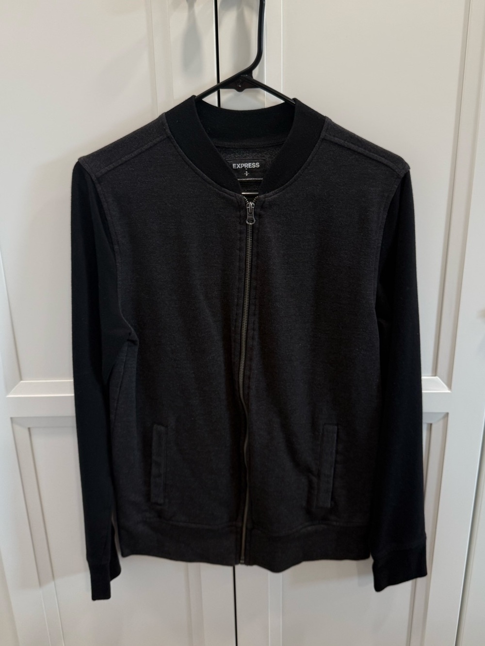Express Men's Grey and Black Zip Front Bomber Sweater